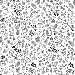 Vector seamless pattern with autumn plants, leaves, herbs, mushrooms and kettle of tea. Decorative illustration in doodle style . For design wallpaper, textile, fabric, wrapping paper, cover, card.