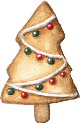 Christmas Tree Gingerbread Cookie Watercolor Illustration