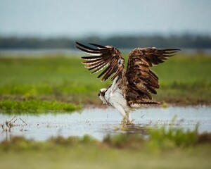 Closeup of an osprey taking a bath in the mud with open wings and blurred background