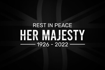 Rest in Peace her majesty with funeral typography and waving blur United Kingdom flag. Mourning the death of queen backdrop