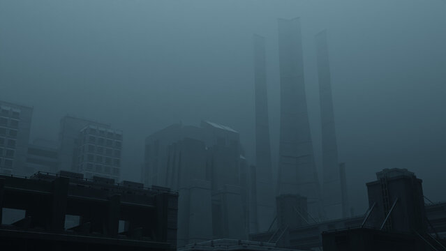 moody dystopian city skyline