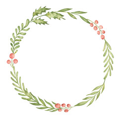 Christmas wreath with winter berries, mistletoe. Holiday Xmas frame with foliage