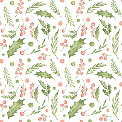 Repeatable winter background with branches and berries. Cute holiday seamless pattern
