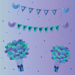 The postcard happy birthday with birds in blue, violet and turquoise colors. Vector illustration