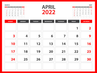 Monthly calendar template for 2022 year - April 2022  year, Week Starts on Sunday, Desk calendar 2022 design, Wall calendar, planner design, stationery, printing media, red background, vector