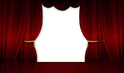 Transparent theatre red curtains stage drapery opening scene before the performance show. Circus or opera opening anticipation illustration concept.