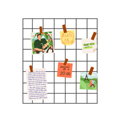 A metallic notice board, notes with important dates, vacation photos, to-do list, important 'not to forget' reminders.