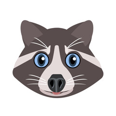 Charming animal face of a raccoon with blue eyes isolated on a white background.Vector illustration of the portrait of an animal can be used in textiles, postcards.