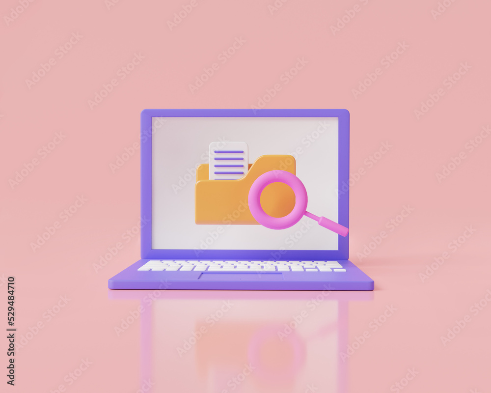 Poster magnifying glass and yellow folder with files document on laptop. concept of document search. search