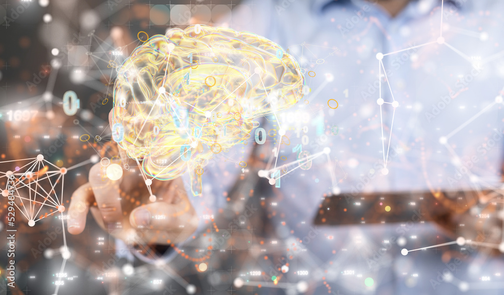 Poster 3d render of a holographic digital style human brain conveying the idea