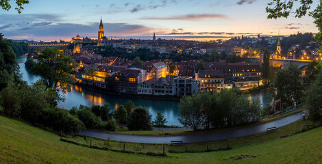 Bern - The panoramma of old town in evening dusk.