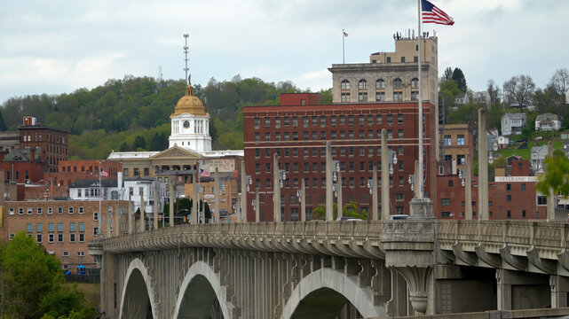 Marion County courthouse viewed from across the Monongahela River and Million Dollar Bridge in Fairmont, West Virginia.