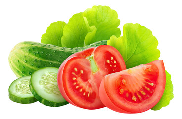 Fresh salad vegetables (cucumber, tomato and lettuce) cut out - obrazy, fototapety, plakaty