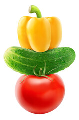 Isolated salad vegetables (tomato, cucumber and yellow bell pepper ) on top of each other, cut out