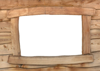 A window frame in a wooden cabin, empty blank isolated space inside the frame (copyspace).
