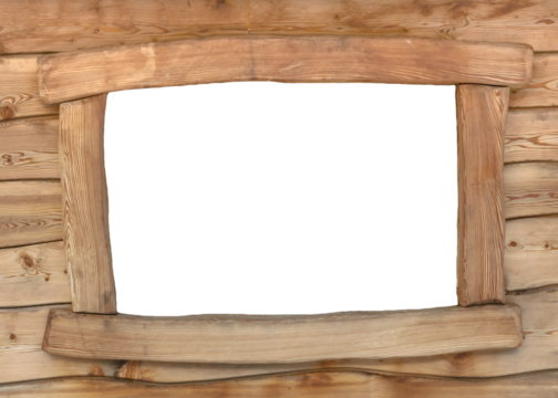 A window frame in a wooden cabin, empty blank isolated space inside the frame (copyspace).
