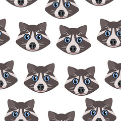 Seamless pattern with a cute raccoon animal with blue eyes on a white background.Vector pattern for children's textiles,notebook covers, postcards.