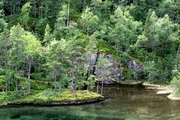 Türkisgrünes Wasser im Kinsotal bei Kinsarvik, Norwegen