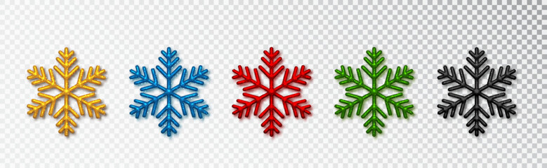 Snowflakes set different colors. Realistic Sparkling Christmas decoration isolated on transparent background.