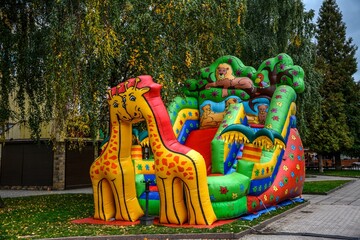 Inside big, inflatable castle labyrinth .Rubber obstacle course on playground