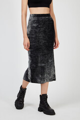 Grey women's luxury Classic Long Maxi Skirt on model isolated on white background. Woman wearing Midi tight Skirt, autumn spring outfit. Top view. Template, mock up