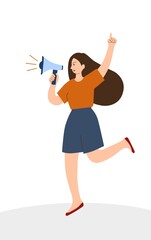 A young female activist shouts into a loudspeaker and runs. Girl defending rights and protesting, participating in a meeting, march, strike or picket. Flat style illustration.
