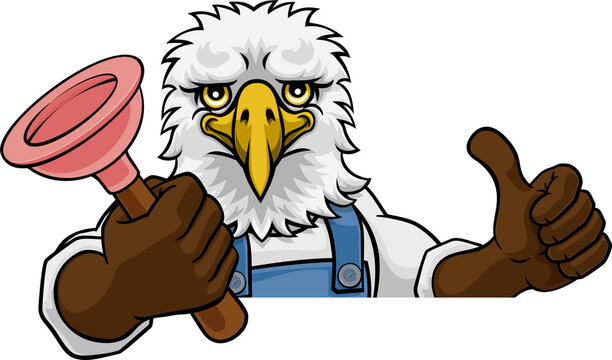 Eagle Plumber Cartoon Mascot Holding Plunger