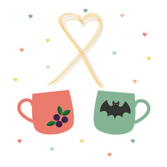 2 cups of coffee smile and hearts isolated on white background. vector ilustration