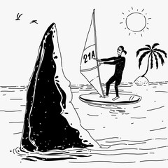 Vector Illustration Windsurfing and Shark