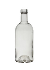 An empty open glass bottle made of transparent material. Isolated on a white background, close-up