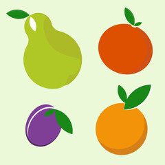 Orange, plum, tangerine and pear. Vecor isolated Illustration