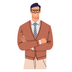 A young businessman in glasses and a tie stands with folded hands. Confident man isolated on white background. Portrait of a smiling teacher, manager, office worker. Flat style. Vector illustration.