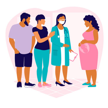 The child's parents and the surrogate mother at the doctor's appointment. Obstetrician gynecologist checks the health of the child and mother. Prenatal check in the clinic