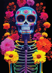 A creepy colourful portrait of a colourful skull for "dia de los muertos", "Day of the dead". Neon colours. Halloween poster, invitation card idea. 