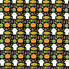 Happy halloween seamless pattern background set. Hand drawn pattern for Halloween design. Happy Halloween seamless pattern. Patterns in Flat style. Bright cartoon pattern for Halloween.  