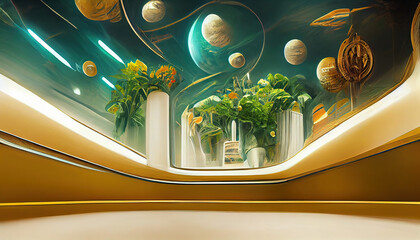 Scifi House Room with Green Flower Wall. Greeting Card. Light Senses of Interior Building. Concept Art Scenery. Book Illustration. Video Game Scene. Serious Digital Painting. CG Artwork Background.
