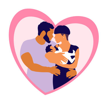 Newborn baby in the arms of parents. Happiness and love in the family. The child is hugged by the father and mother. Heart pink background.
