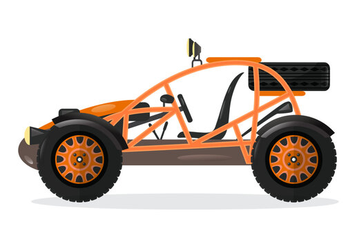 Dune buggy car isolated vector illustration. Outdoor auto racing, extreme terrain vehicle, off road 4x4 motor design element.