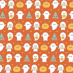 Obraz premium Groovy Retro 90s style Halloween seamless pattern. Hand drawn pattern for Halloween design. Bright cartoon pattern for Halloween. Happy halloween seamless pattern background set.