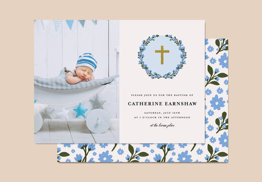 Floral Photo Baptisim Card with Cross
