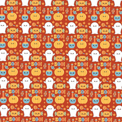 Groovy Retro 90s style Halloween seamless pattern. Hand drawn pattern for Halloween design. Bright cartoon pattern for Halloween. Happy halloween seamless pattern background set.