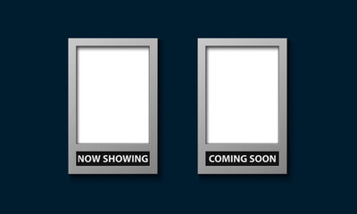 Movie poster frame template with now showing and coming soon, vector illustration