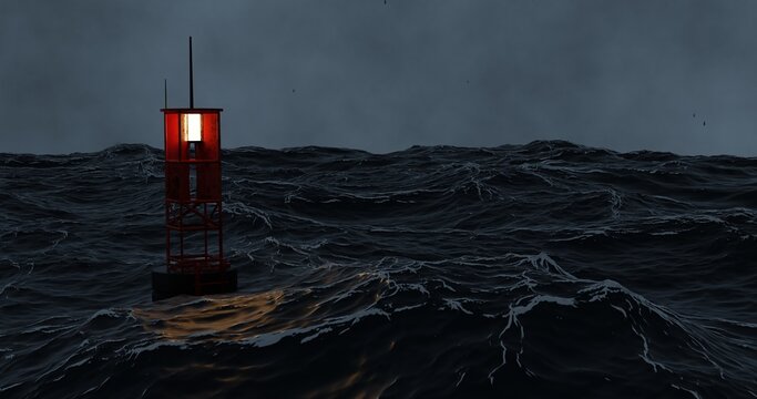 sea storm, signal buoy with light, ocean wallpaper background, 3D rendering.