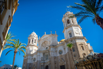 Aerial panoramic view of the old city rooftops and Cathedral de Santa Cruz in the morning from...