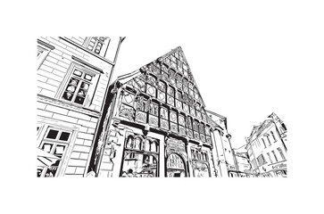 Building view with landmark of Oldenburg is a city in northwest Germany. Hand drawn sketch illustration in vector.