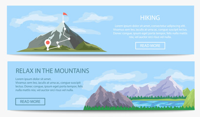 Extreme travel and hiking banner set vector illustration. Nature landscape with ice mountain range. Tourism organization, professional alpinism, mountaineering and outdoor adventure - obrazy, fototapety, plakaty