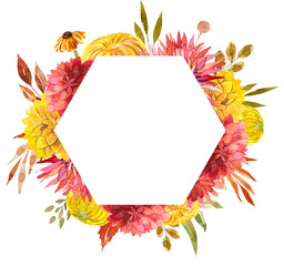 Hexagonal watercolor frame. Watercolor frame with autumn flowers. Fall foliage. PNG watercolor frame.  - 529497555