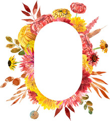 Oval watercolor frame. Watercolor frame with autumn flowers. Fall foliage. PNG watercolor frame.  - 529497726