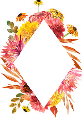 Floral watercolor frame. Watercolor frame with autumn flowers. Fall foliage. PNG watercolor frame.  - 529497742
