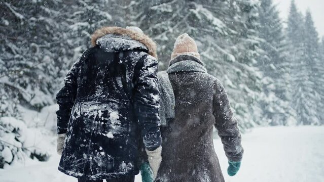 Happy young couple in love walking in wintery nature under falling snow, rear view.
